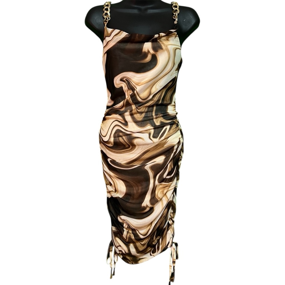 Swirly Marble Bodycon Dress with Gold Chains